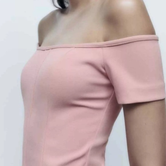 NWT Zara Light Pink Topstitched Off the Shoulder Bodycon Midi Dress. Size XS - Picture 4 of 14
